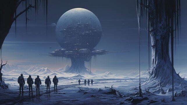 Sci-fi astronauts exploring an alien icy frozen wasteland