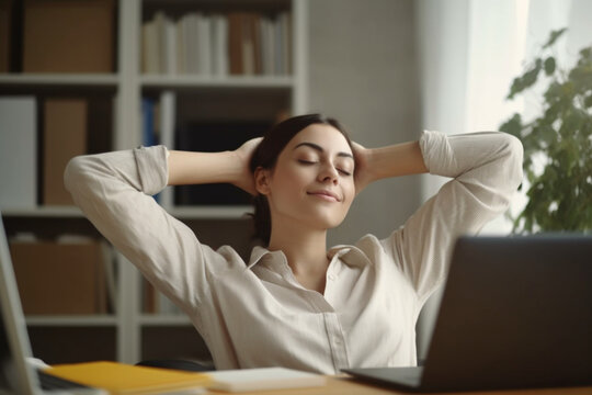 No stress, Young happy italian woman with hands behind head relaxing at workplace in home office, satisfied female freelance employee with with eyes closed resting after work done
