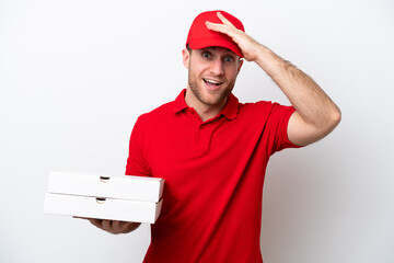 Pizza delivery caucasian man with work uniform picking up pizza boxes isolated on white background...