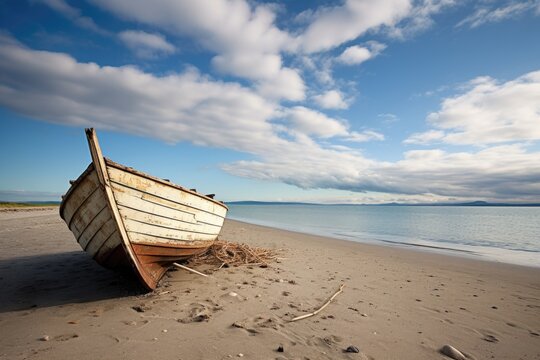 a rickety old boat on a deserted beach