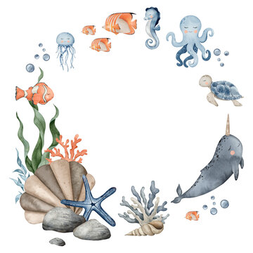 Seamless border of orca, jellyfish, narwhal, seahorse, coral and seaweed algae. Hand drawn watercolor illustration. Marine, tropical collection for cards, baby shower, printing, banner.