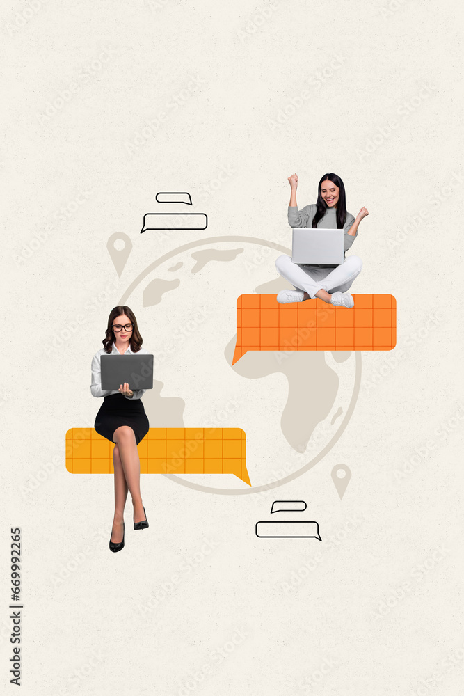 Aufkleber collage 3d sketch of two happy business ladies working distance speed wifi connection video talk mee