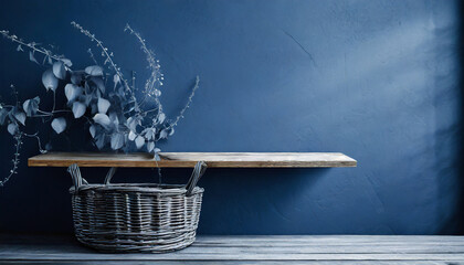 textured navy blue wall copy space monochrome empty wall with minimalist wooden table and wricked vine basket mockup for showcase promotion background