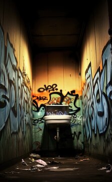 A bathroom with graffiti on the walls, AI