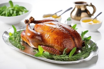 roast duck garnished with fresh herbs on marble counter