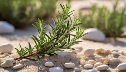 zen garden inspiration rosemary sprig on minimalistic holistic background with sand and pebbles nature series