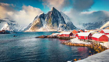 attractive morning scene of sakrisoy village norway europe bright winter view of lofoten islads witj typical red wooden houses beautiful seascape of norwegian sea traveling concept background - obrazy, fototapety, plakaty