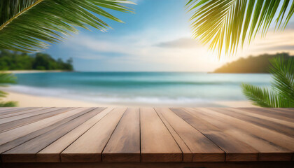 top of wood table with seascape and palm leaves blur light of calm sea and sky at tropical beach background with empty space for text summer vacation background concept