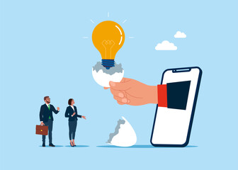 Hand stepping out of the mobile phone screen holding a egg shell cracking and light bulb birth. Begin new job position in of comfort or safe zone. 