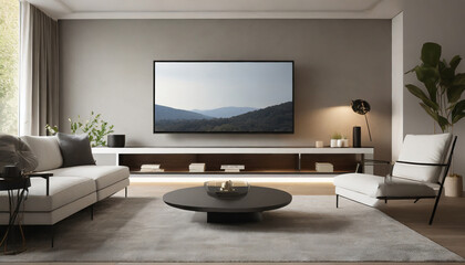cozy living room shot of tv with horizontal screen mockup