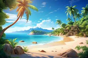Summer tropical sandy beach with blue sea ocean water and palm trees with wooden house on exotic island. Summer concept