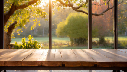 empty wooden table in front the window with garden park natural light background high quality photo