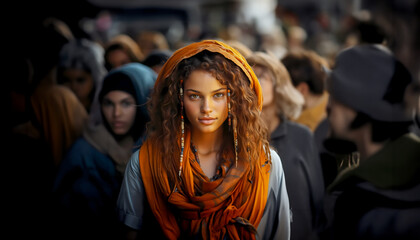 Dazzling Diversity - Woman Stands Out in Orange Scarf Amidst the Crowd