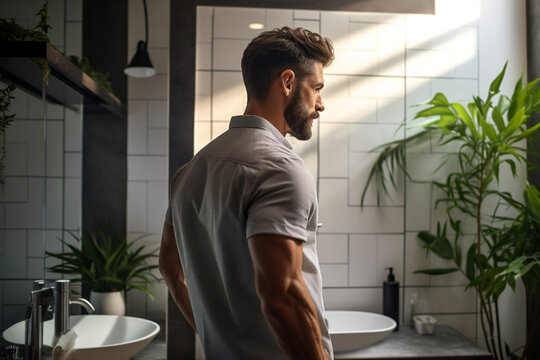 Over the shoulder waist-up view of brunette man in casual clothing standing in modern bathroom and looking at his reflection with hand in hair