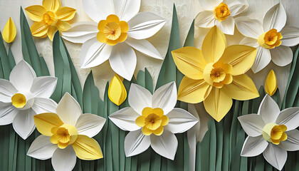 Fototapeta na wymiar white and yellow daffodils origami background from layers of paper 3d paper cut style illustration paper art and digital crafts style greeting card