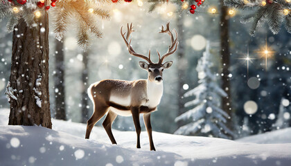 elegant reindeer against snowy winter forest background greeting card