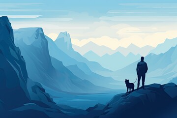 Fototapeta premium man and dog stand on a cliff with mountain view illustration