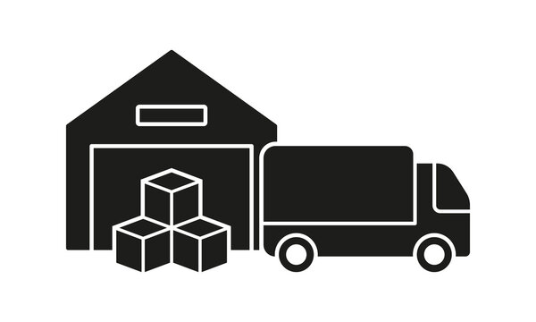 Transportation and Storehouse Silhouette Icon. Logistic Symbol. Truck and Warehouse Glyph Pictogram. Cargo Box Load Into Vehicle From Storage Building Solid Sign. Isolated Vector Illustration