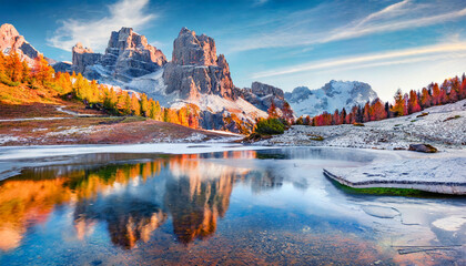 wonderful morning view of frozen limides lake spectacular autumn landscape of dolomite alps superb outdoor scene of falzarego pass italy europe beauty of nature concept background