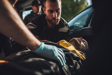 Paramedics providing first aid to man injured in car accident - obrazy, fototapety, plakaty