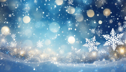 winter wonderland sparkling snowflakes on glittery blue bokeh background
