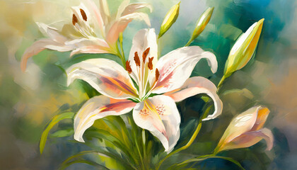 Fototapeta na wymiar ai generated ai generative beautiful botanic lily flower oil paint illustration aesthetics floral inspirational tenderness illustration graphic art