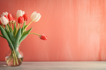 white and red tulips in a vase on wooden table, coral color wall