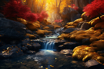 秋の森　ファンタジックな森と川の風景イラスト