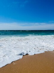 sandy ocean coast, waves ocean, blue horizon, natural ocean shore background