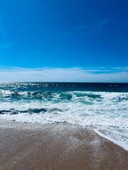 sandy ocean coast, waves ocean, blue horizon, natural ocean shore background