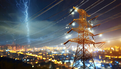high voltage tower and power lines with abstract defocused city lights at night transmission of electricity for urban life - Powered by Adobe