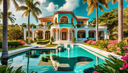 ai generated ai generative luxury mansion house villa florida usa miami building with garden and pool tropical vacation vibe graphic art