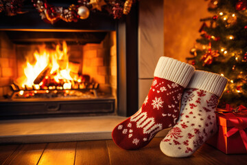 fireplace with Christmas stocking stuffers background - obrazy, fototapety, plakaty