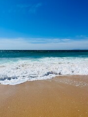 sandy ocean coast, waves ocean, blue horizon, natural ocean shore background