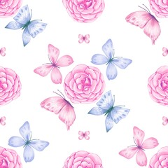 Watercolor seamless pattern with abstract purple butterflies. For fabric, textiles, wallpaper