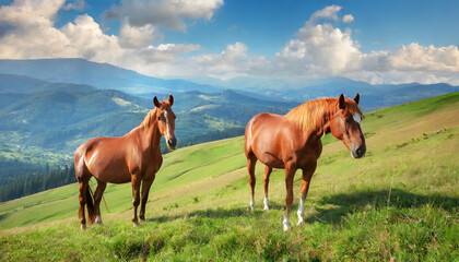 two red horses are standing on a high hill in a mountain pasture agains blue sky marvelous summer scene of carpathian village beauty of countryside concept background - Powered by Adobe