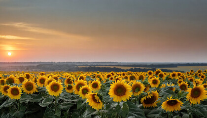 blooming yellow sunflowers in summer under the evening sky just after the sunset haze on the...