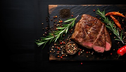 Grilled beef steak with spices on dark black wooden board background , fried raw meat grill dark beef chop food background steak red, Grilled beef steak on a dark background. generative ai - obrazy, fototapety, plakaty