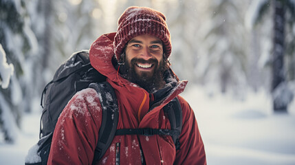 A man hiking with a backpack in winter