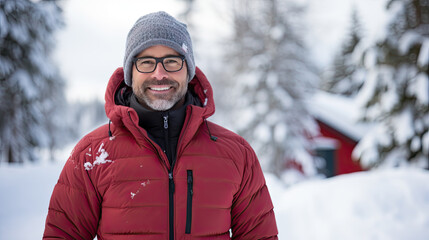 A man wearing a red jacket and glasses stands outside. There is white snow in the background.