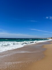 sandy ocean coast, waves ocean, blue horizon, natural ocean shore background