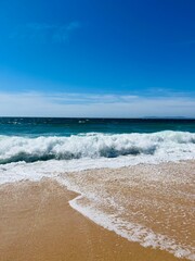 sandy ocean coast, waves ocean, blue horizon, natural ocean shore background