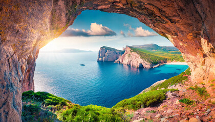 astonishing summer view of caccia cape from the small cave in the cliff fabulous morning scene of sardinia island italy europe aerial mediterranean seascape beauty of nature concept background - obrazy, fototapety, plakaty