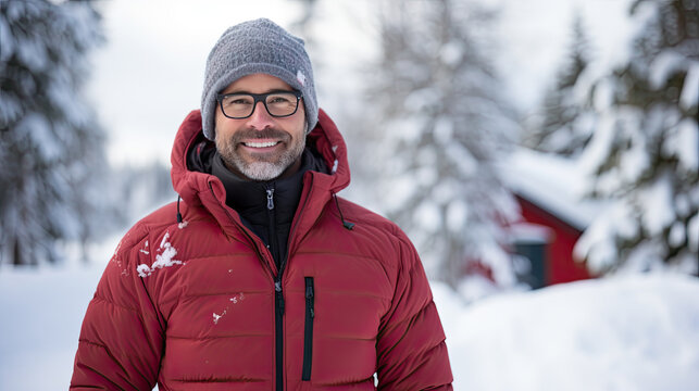 A man wearing a red jacket and glasses stands outside. There is white snow in the background.