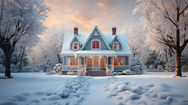 A snow-covered house in winter with lots of snow in the cold season