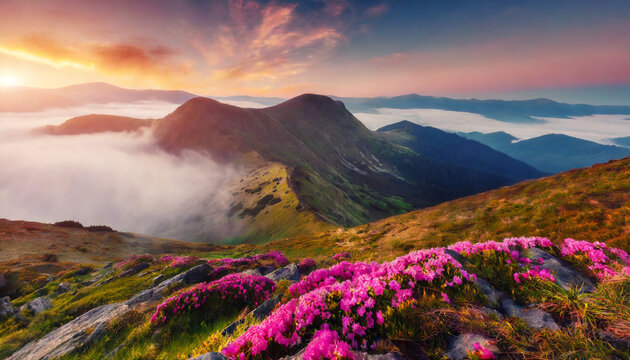 breathtaking nature scenery during sunset scenic image of fairy tale highland in sunlit incredible foggy morning in mountains with amazing pink rhododenndron flovers generative ai