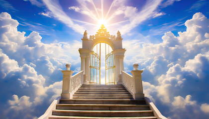 beautiful heavenly paradise cloudscape entering the pearly gates of heaven staircase to heaven castle in the sky - obrazy, fototapety, plakaty