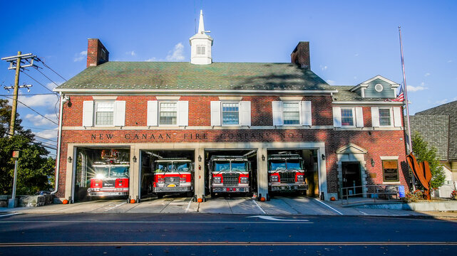 NEW CANAAN, CT, USA - OCTOBER 28, 2023: New Canaan Fire company  building street view in October