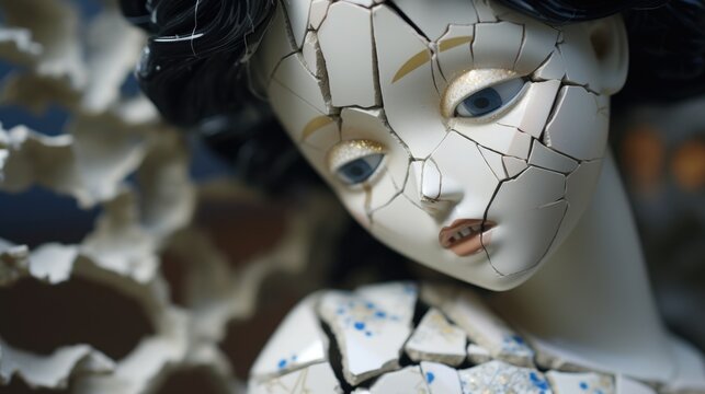 A close up of a doll with cracked skin, AI