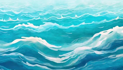 Selbstklebende Fototapeten ocean water waves illustration blue wavy lines for copy space text teal lake wave flowing motion web banner sea foam watercolor effect backdrop pool water fun ripples abstract cartoon © Nichole